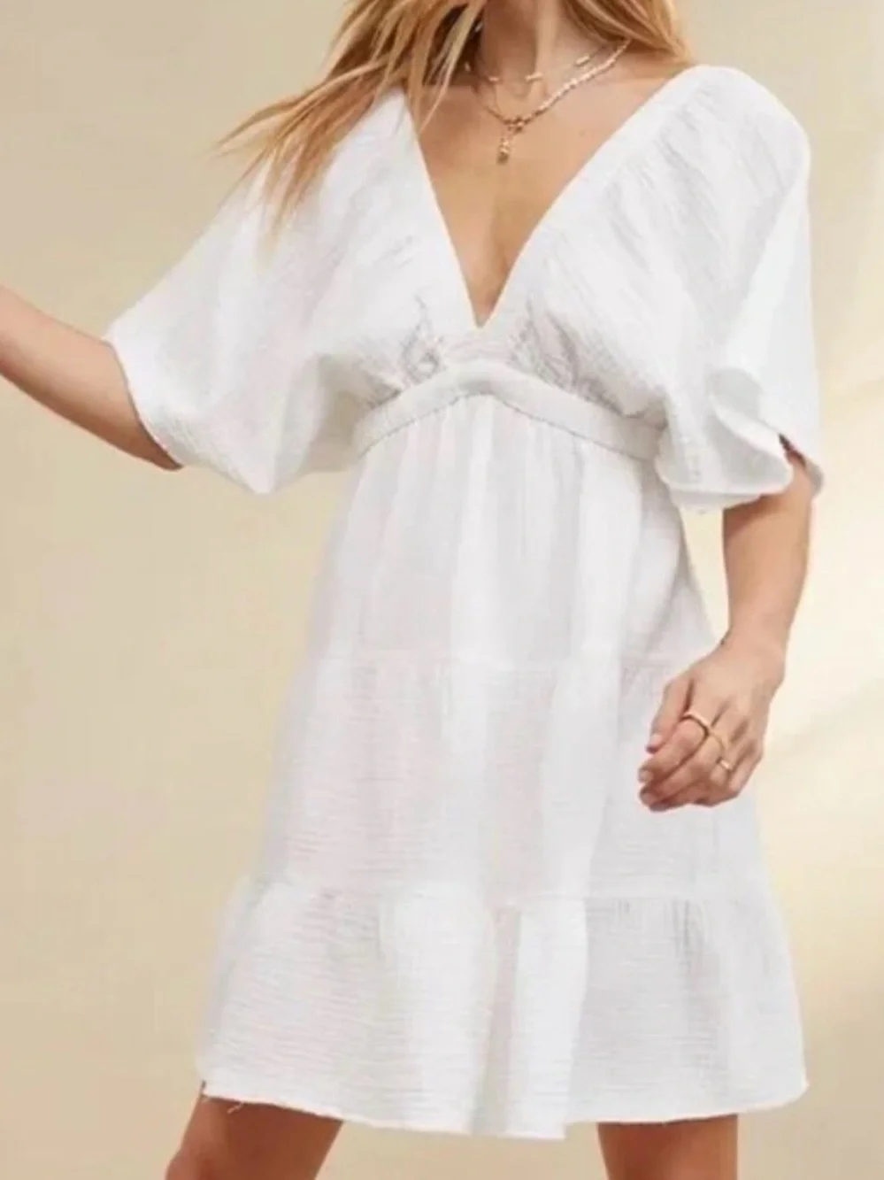 aerie White V-Neck Gauze Swim Cover-Up Dress